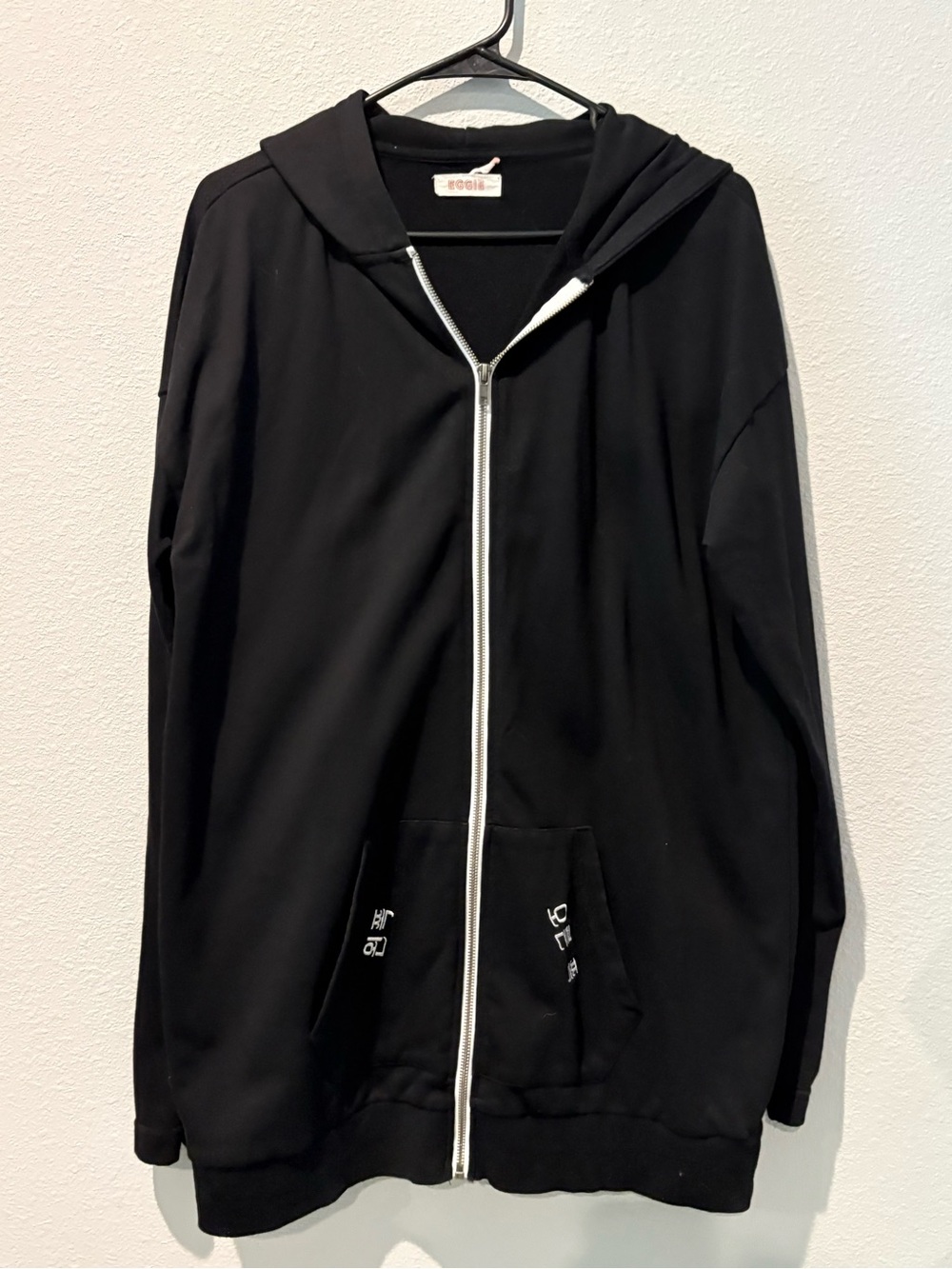 Discontinued Eggie Korean Oversized Women's Black Full-Zip Hooded Sweatshirt